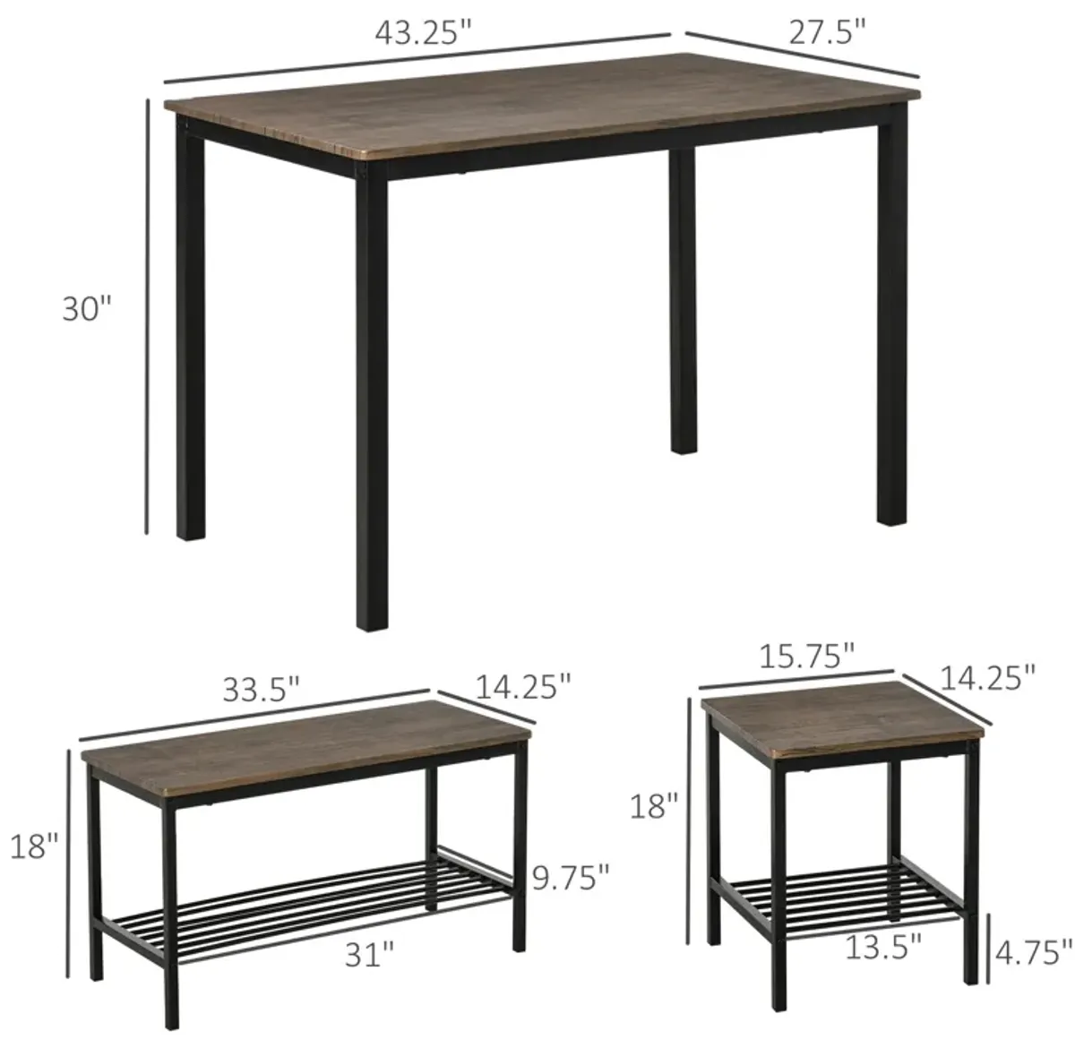 Rustic Dining Ensemble: 4-Person Industrial Set with Bench Storage