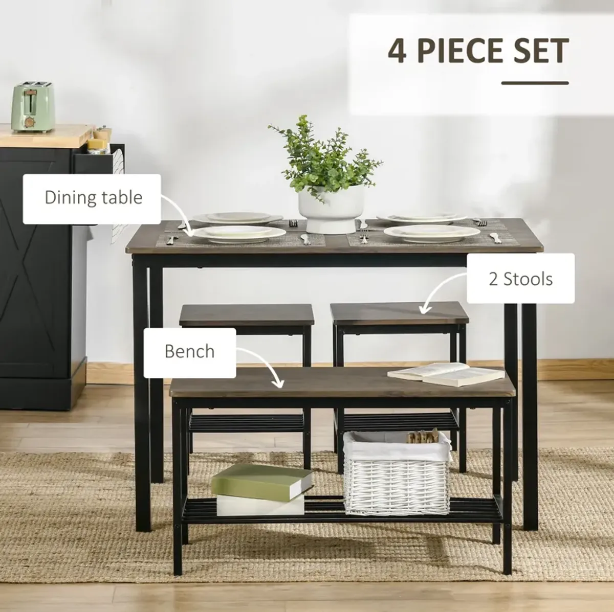 Rustic Dining Ensemble: 4-Person Industrial Set with Bench Storage