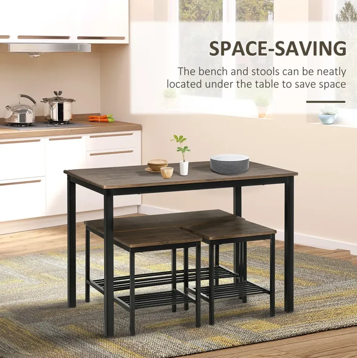 Rustic Dining Ensemble: 4-Person Industrial Set with Bench Storage