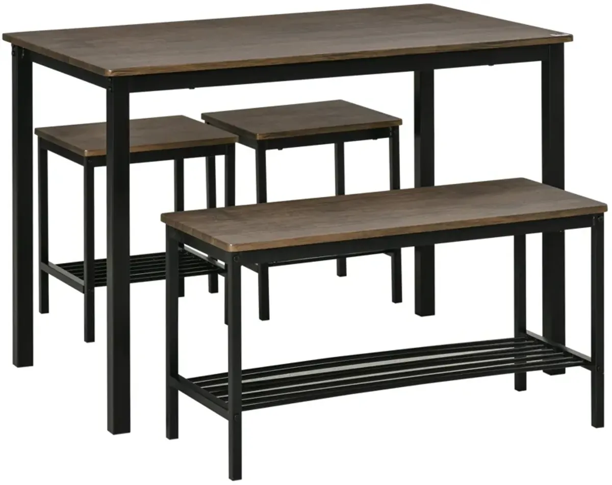 Rustic Dining Ensemble: 4-Person Industrial Set with Bench Storage