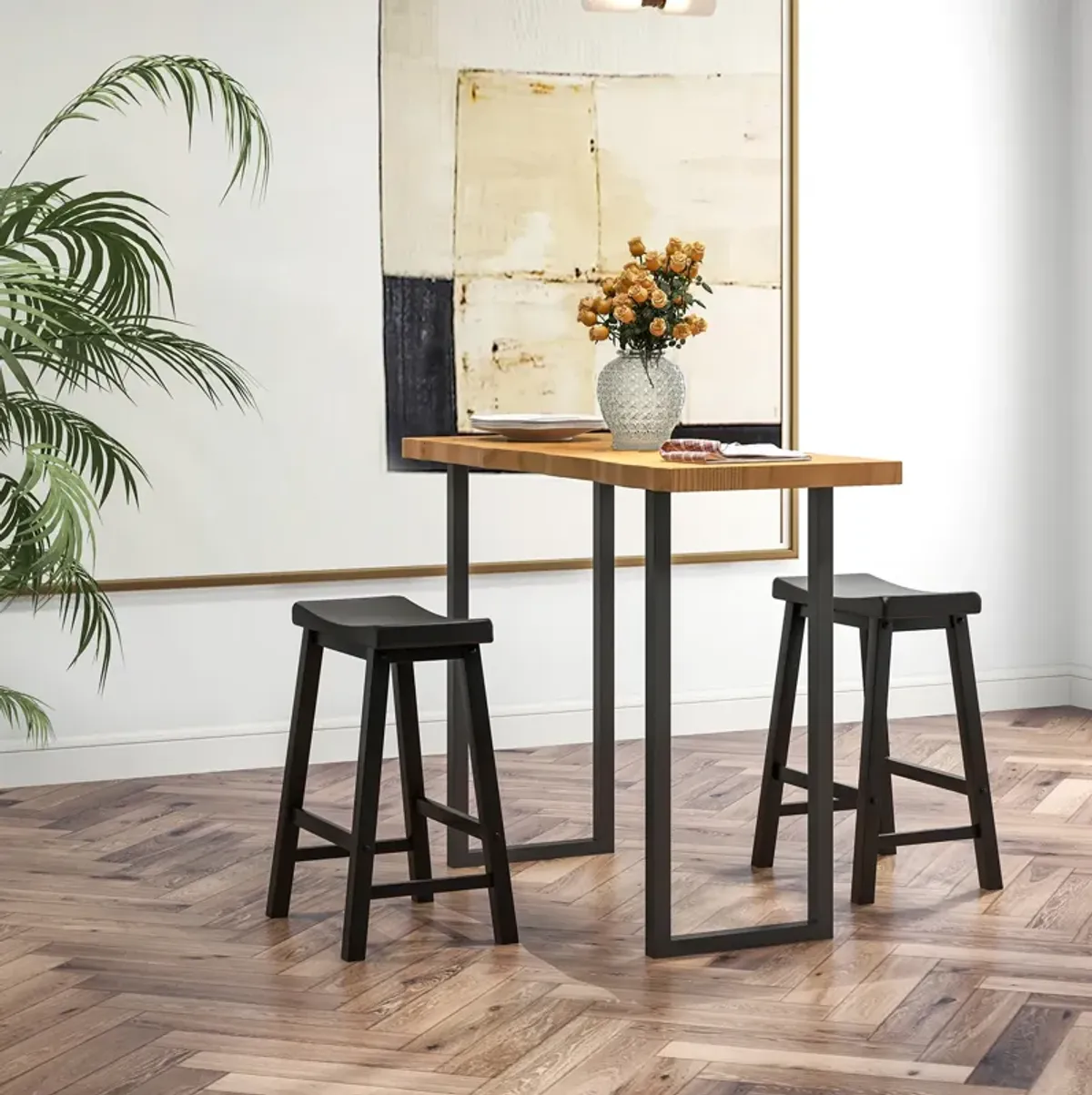 Set of 2 24 Inch Counter Height Stools with Solid Wood Legs