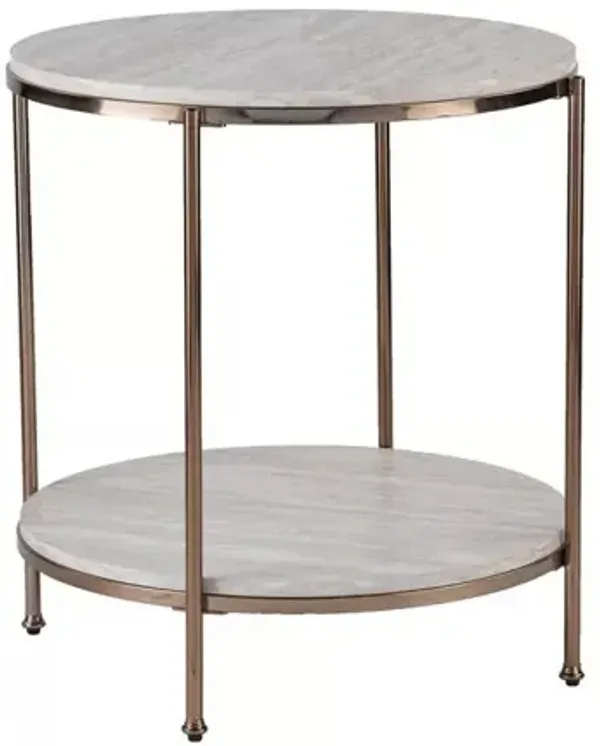 Round Faux Marble End Table with Iron Frame and Lower Storage Shelf