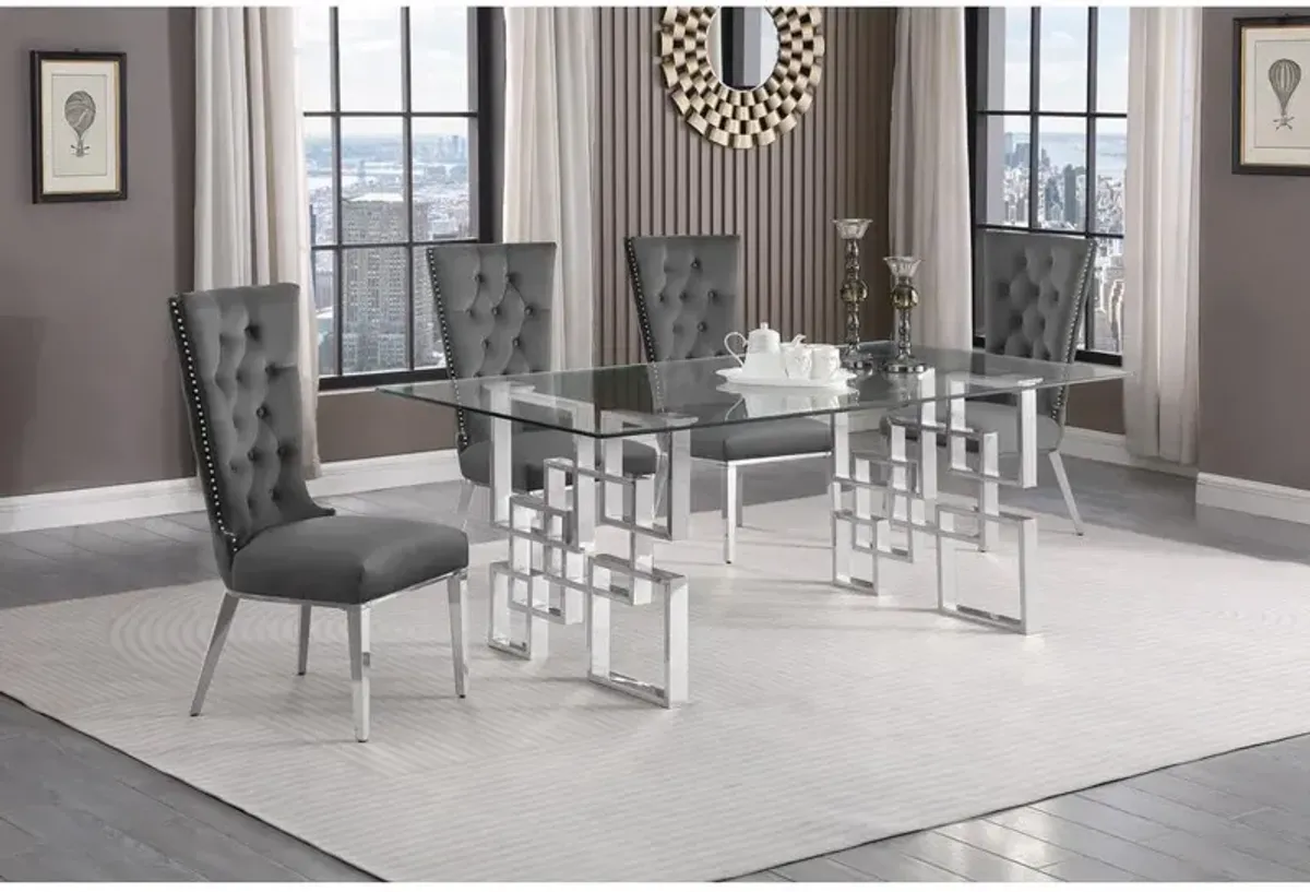 5-piece glam dining set with 4 dark grey chairs and a 79" long glass  table