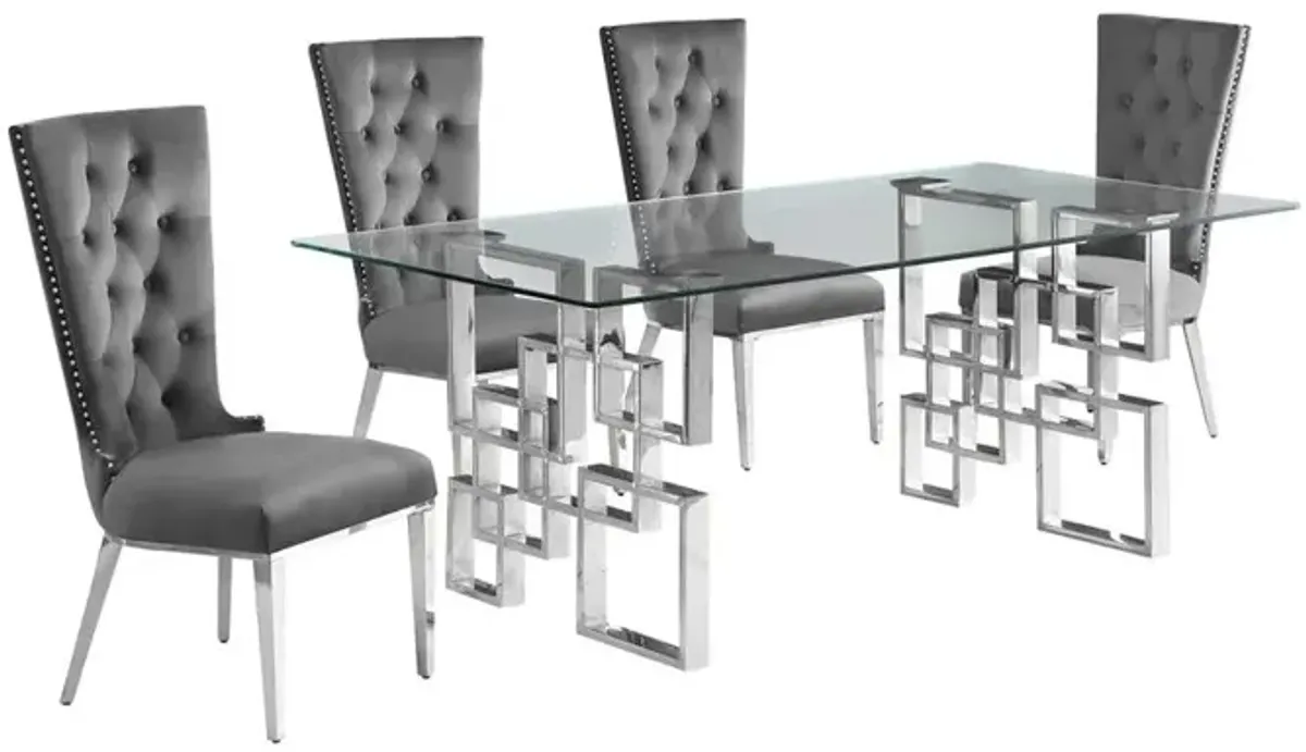 5-piece glam dining set with 4 dark grey chairs and a 79" long glass  table