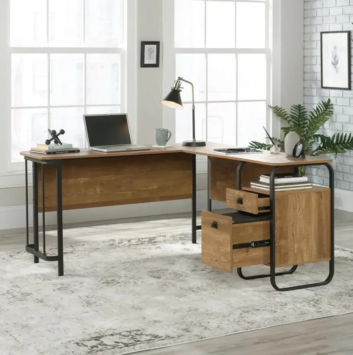 Sauder Station House L-Desk Etched Oak