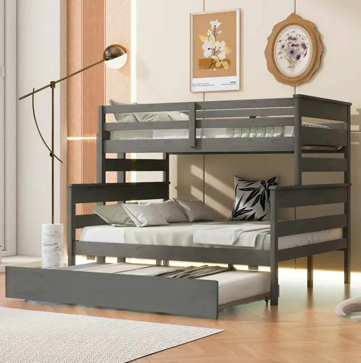 Wood Twin Over Full Bunk Bed With Twin Size Trundle