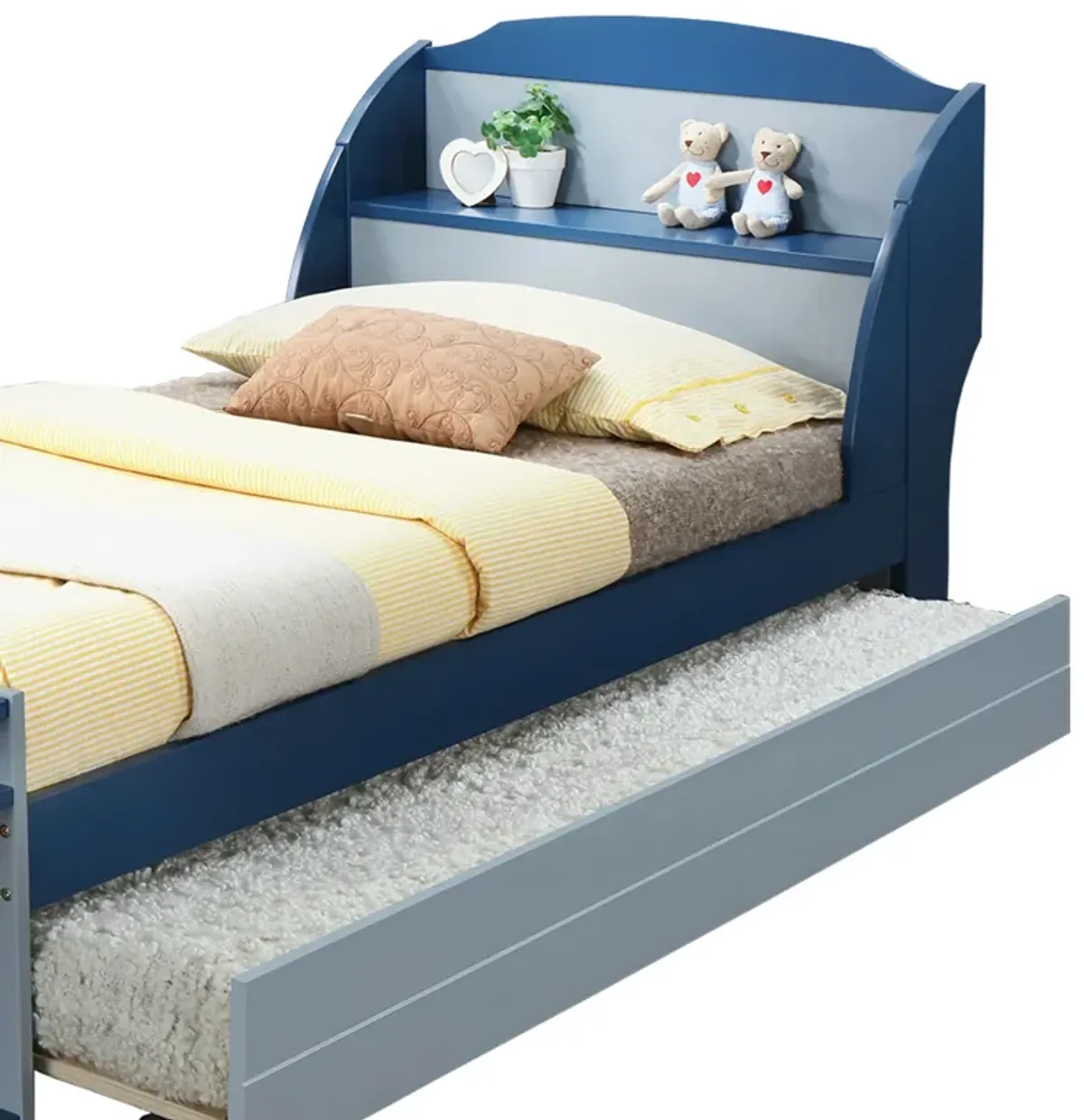 Boat Design Wooden Twin Bed with Bookcase Headboard, Blue-Benzara