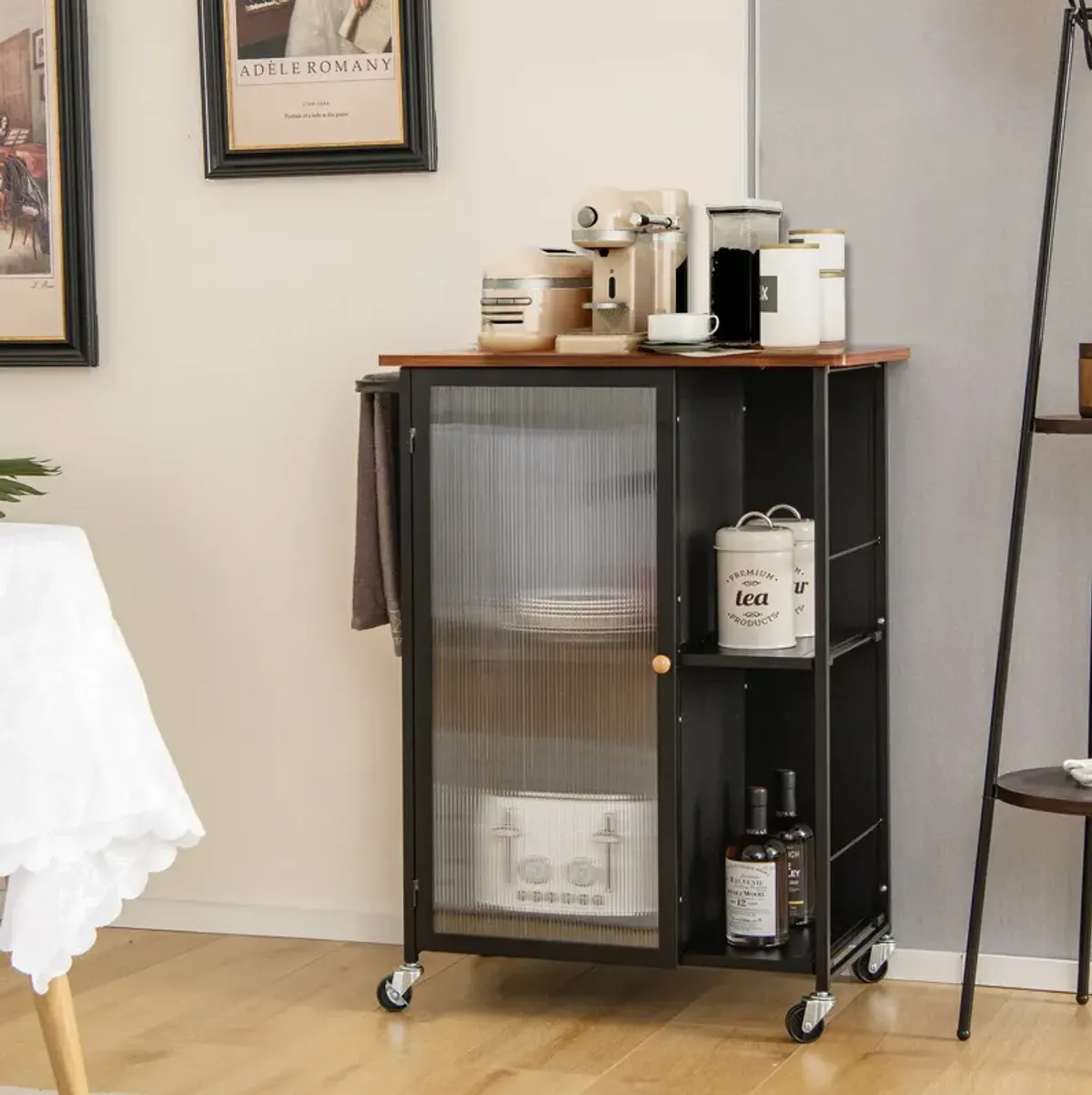 Mobile Serving Cart with Transparent Single Door Cabinet-Black