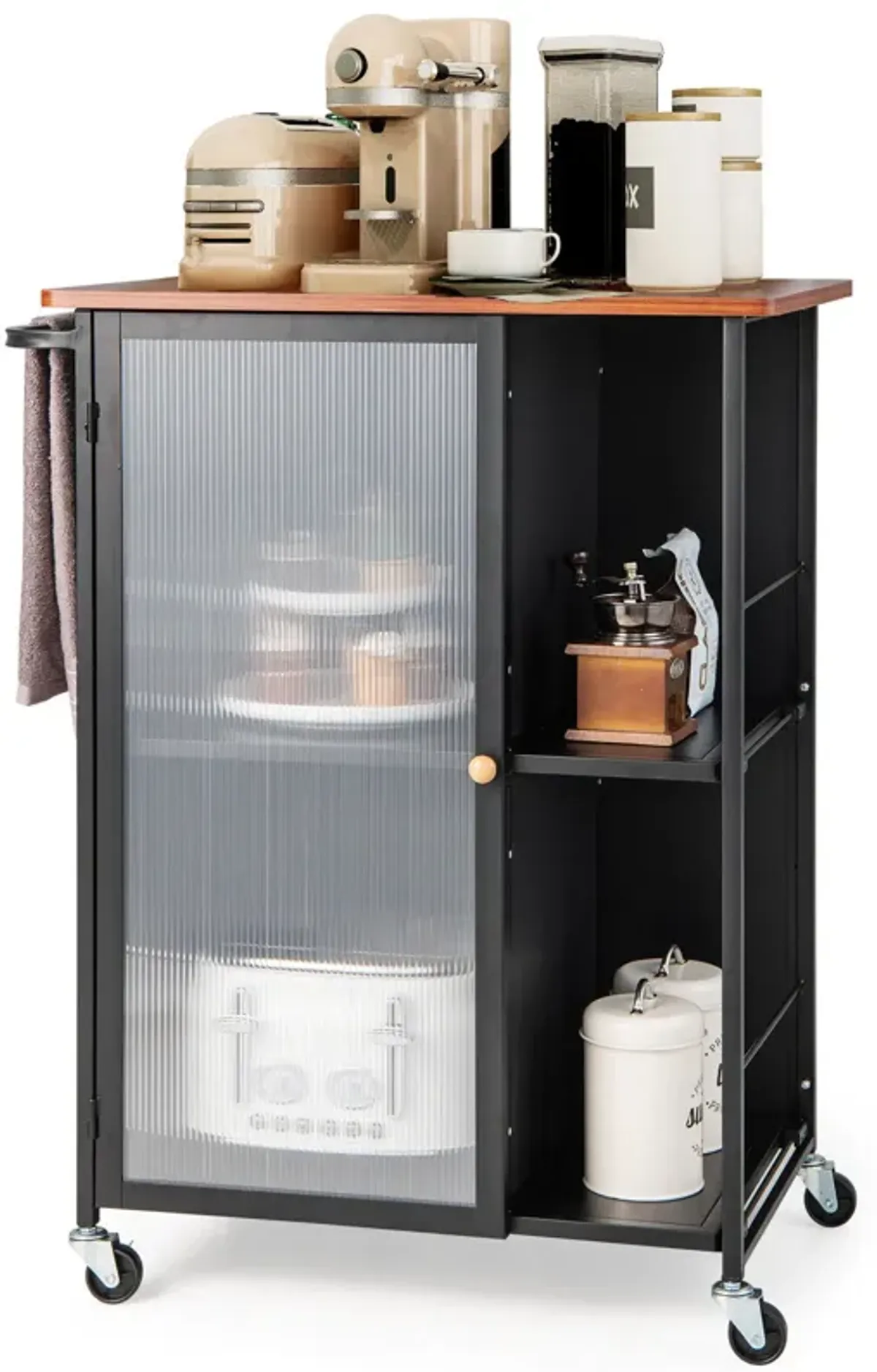 Mobile Serving Cart with Transparent Single Door Cabinet-Black