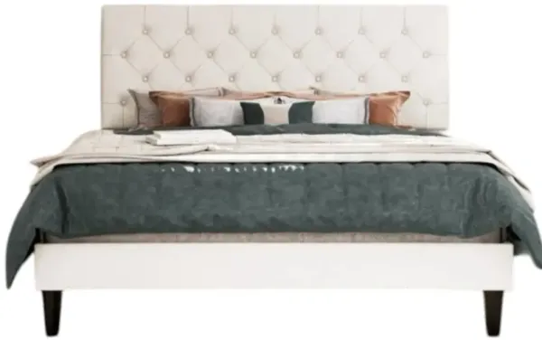 Hivvago Full White Faux Leather Upholstered Platform Bed with Button-Tufted Headboard
