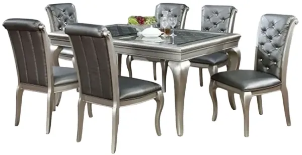 Nery 7pc Dining Table n Chair Set, 66 Inch Glass, Gray Faux Leather - Benzara
