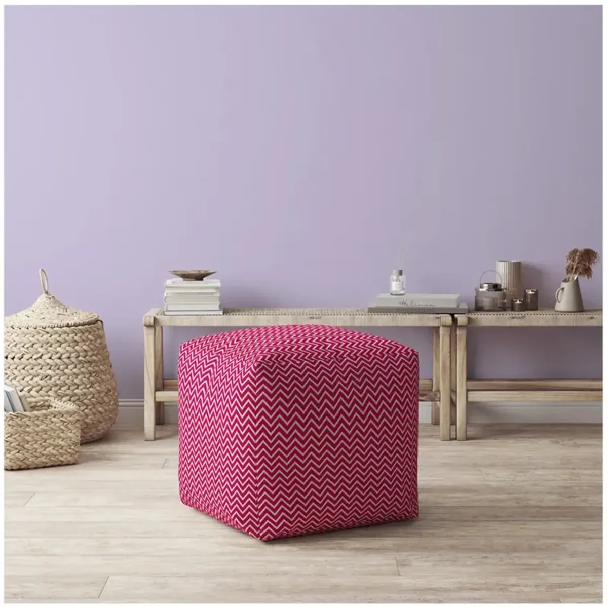 Homezia 17" Pink Chevron Pouf Ottoman