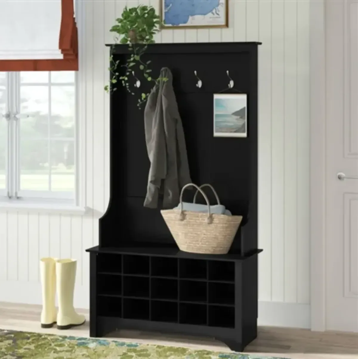 Entryway Hall Tree with Shoe Cubbies and Coat Rack for Organized Storage