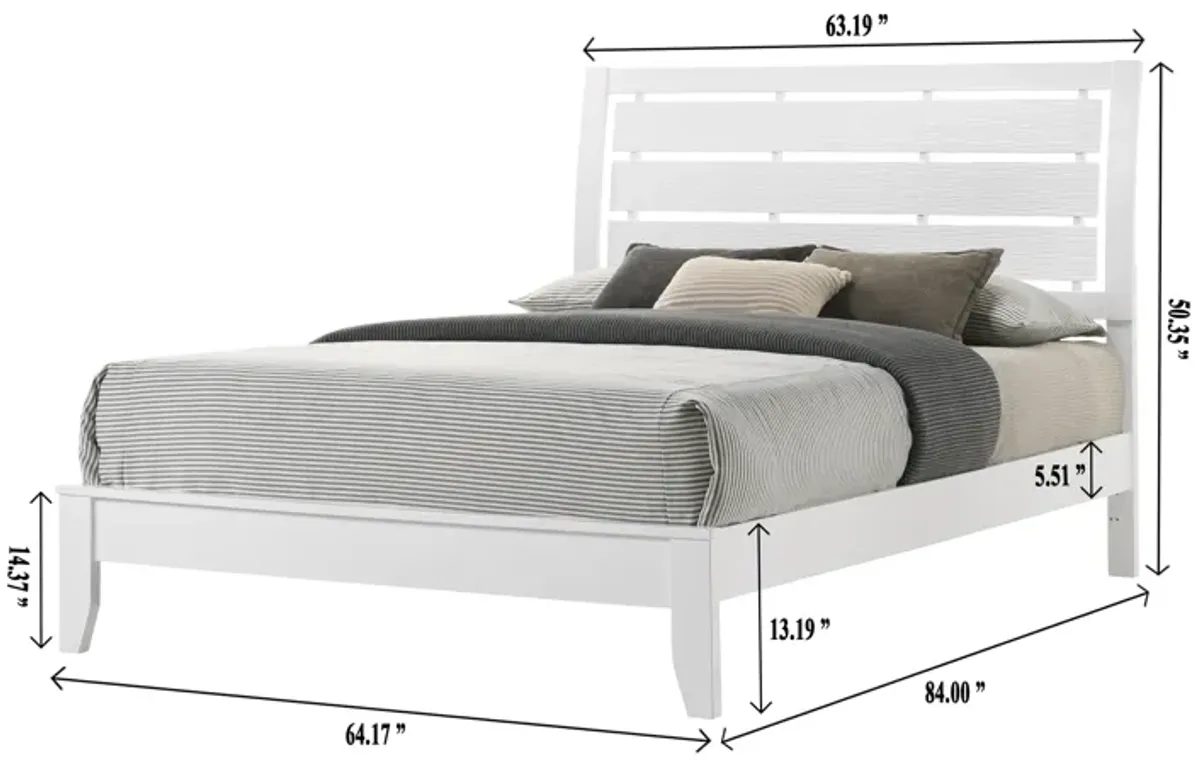 1 Piece Queen Size White Finish Panel Bed Geometric Design Frame Softly Curved Headboard Wooden