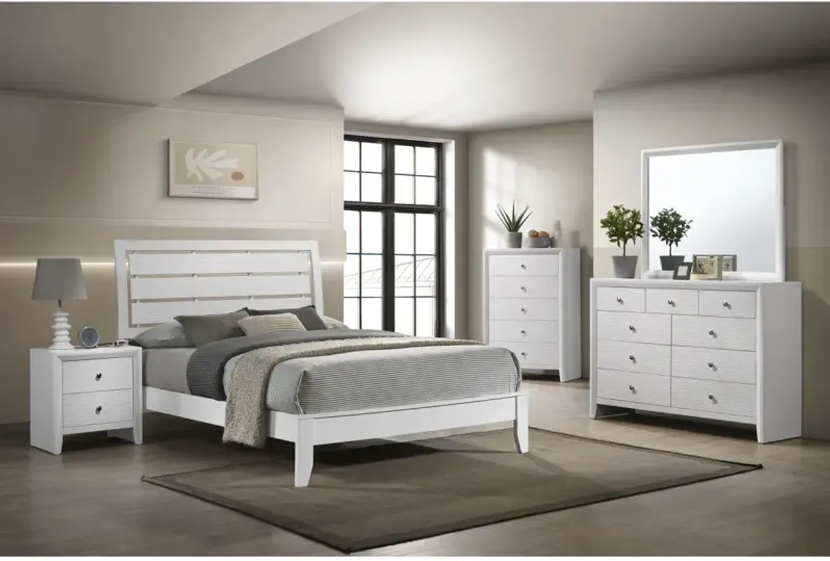 1 Piece Queen Size White Finish Panel Bed Geometric Design Frame Softly Curved Headboard Wooden