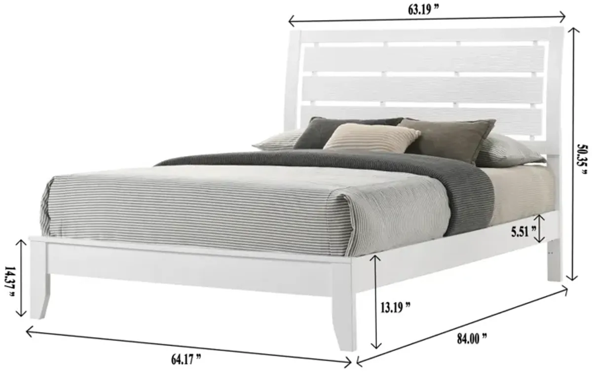 1 Piece Queen Size White Finish Panel Bed Geometric Design Frame Softly Curved Headboard Wooden