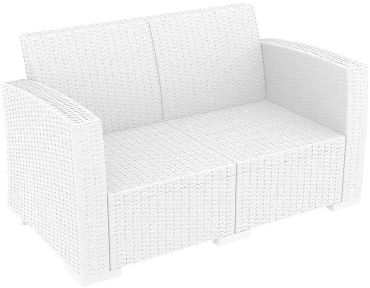 55" White Outdoor Patio Loveseat with Natural Beige Sunbrella Cushion