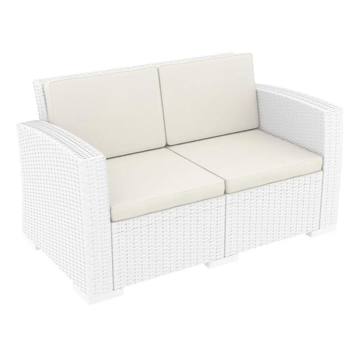 55" White Outdoor Patio Loveseat with Natural Beige Sunbrella Cushion