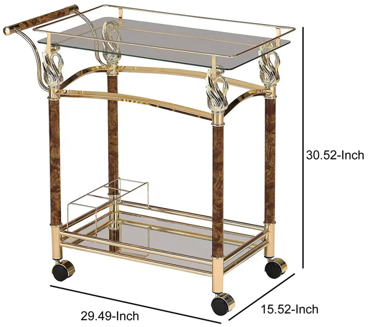 Alluring Serving Cart, Golden Plated & Clear Glass-Benzara