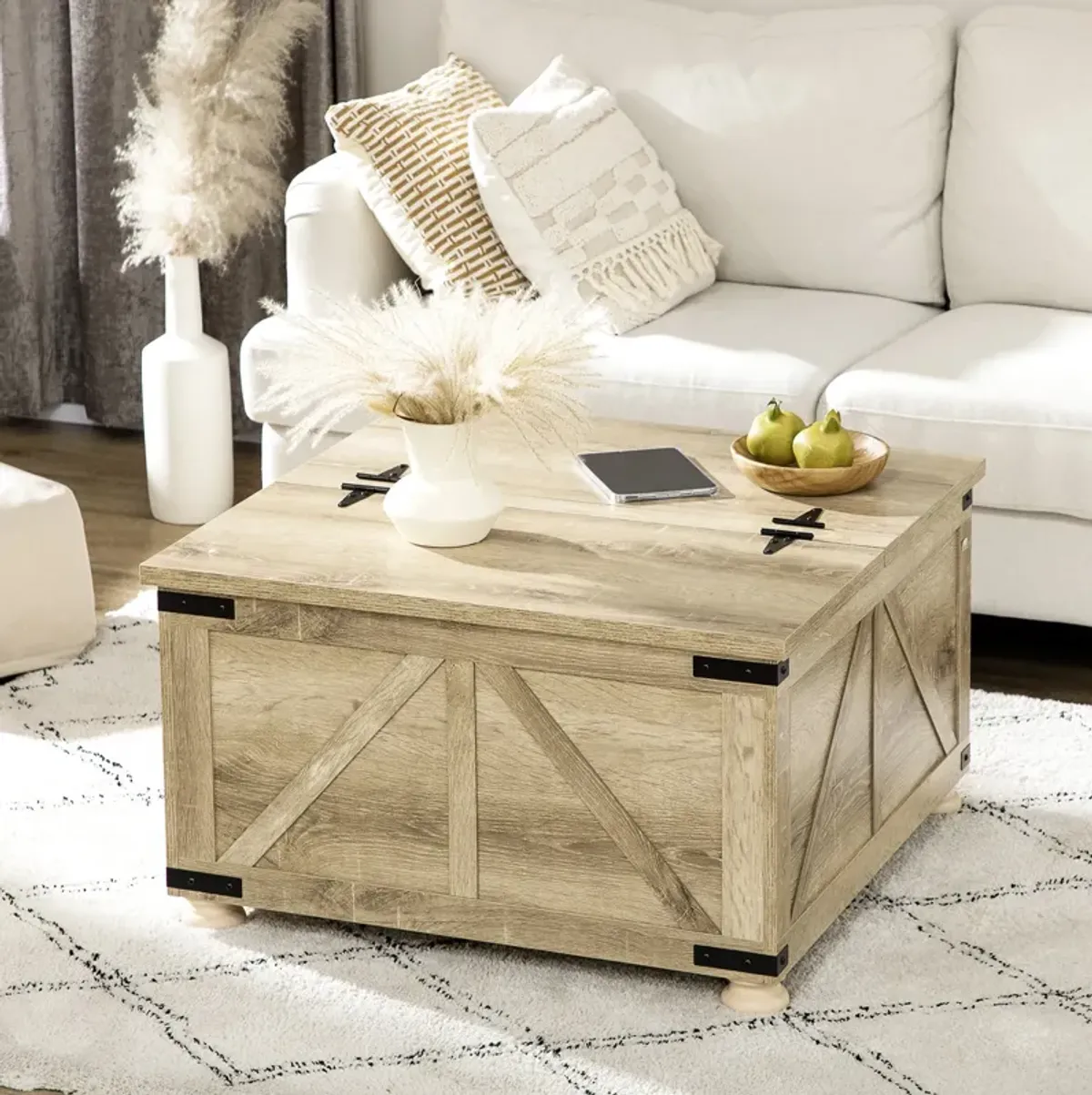 Oak Living Room Table: Farmhouse Square Coffee Table with Hidden Storage