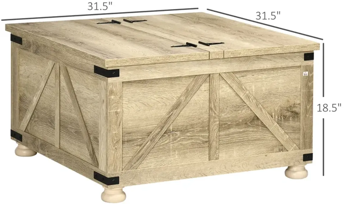 Oak Living Room Table: Farmhouse Square Coffee Table with Hidden Storage