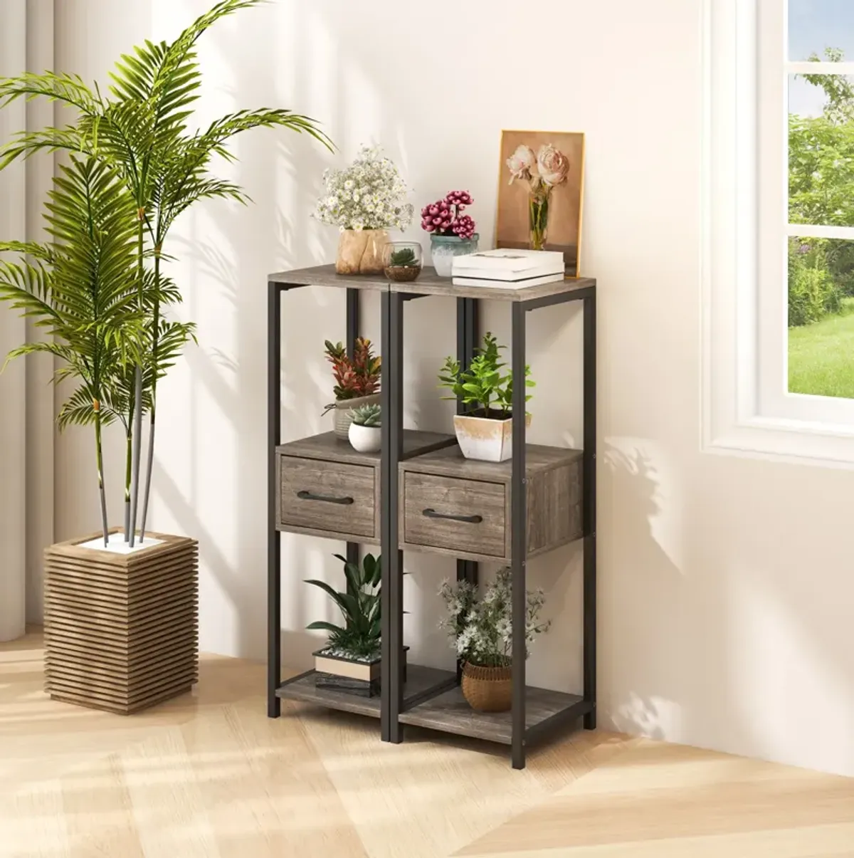 2 Pack 3 Tier Tall Metal Plant Stand with Drawer and Display Shelf-Grey