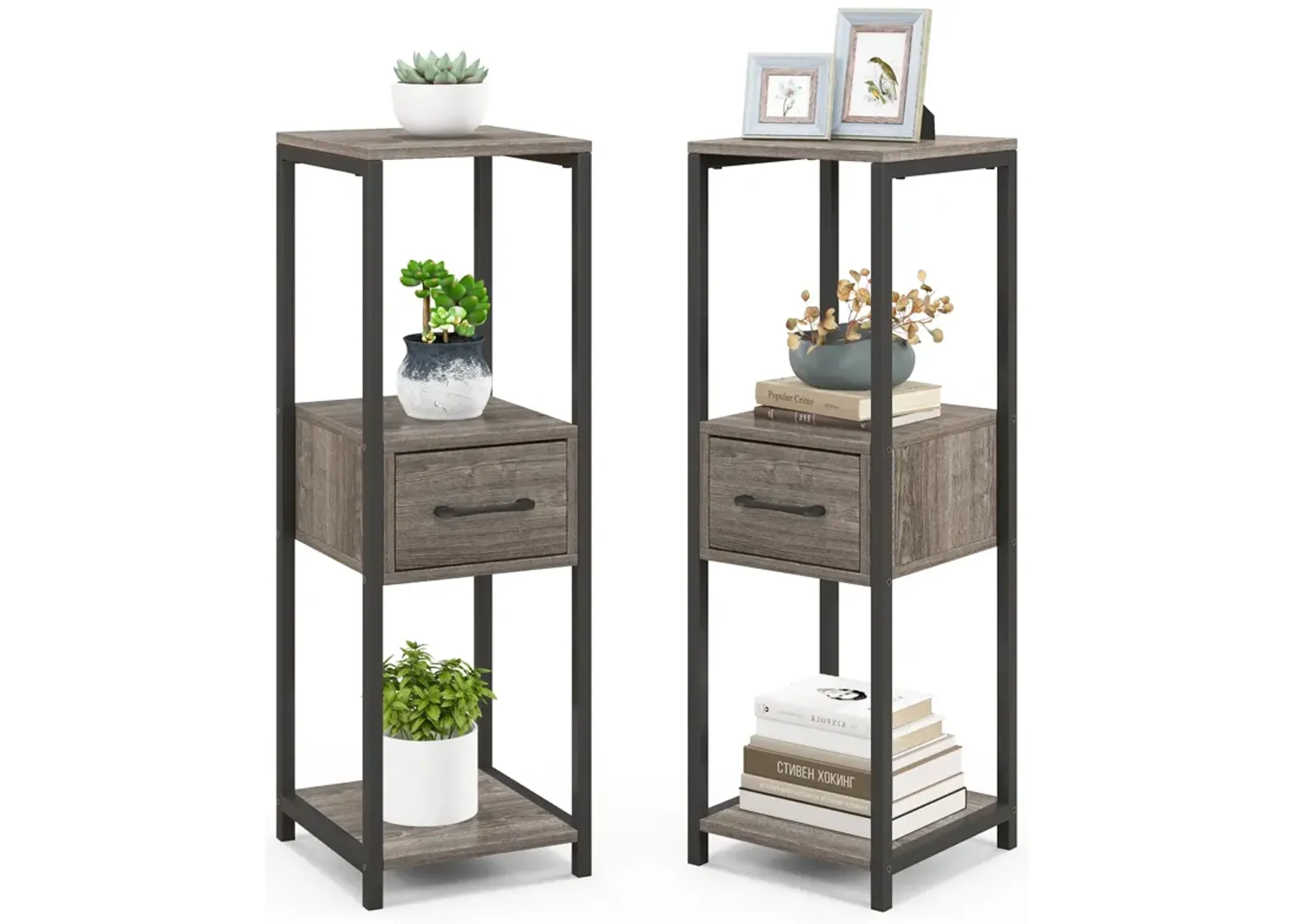 2 Pack 3 Tier Tall Metal Plant Stand with Drawer and Display Shelf-Grey