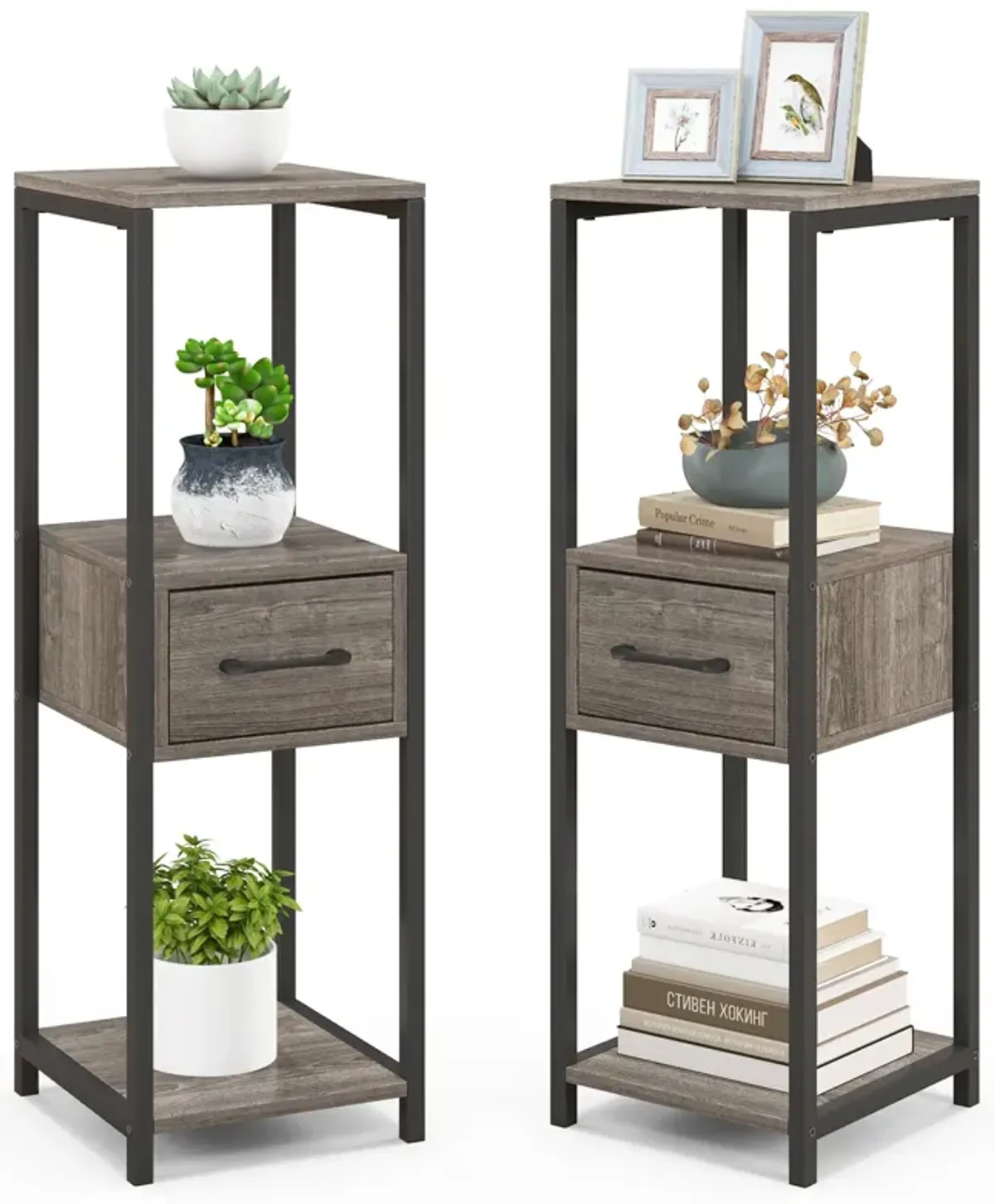 2 Pack 3 Tier Tall Metal Plant Stand with Drawer and Display Shelf-Grey