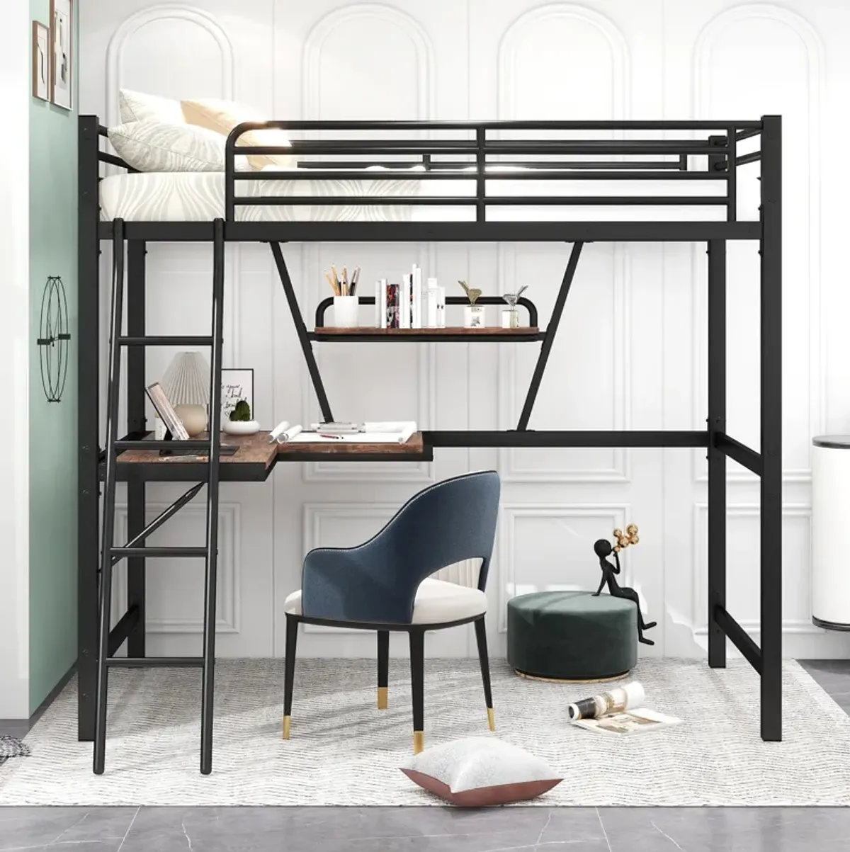 Merax Metal Frame Loft Bed with Desk and Shelf