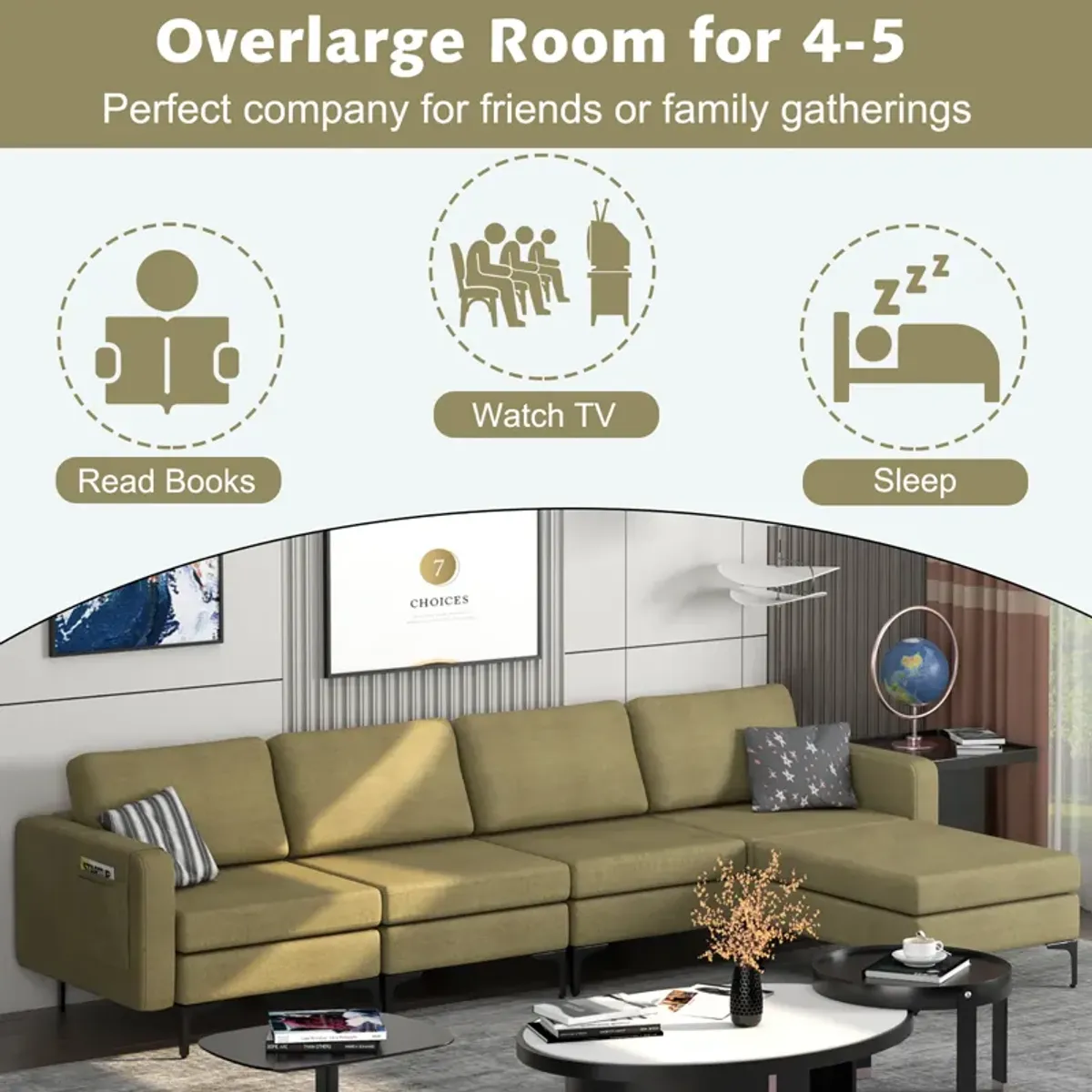 Costway Modular L-shaped Sectional Sofa w/ Reversible Chaise & 4 USB Ports