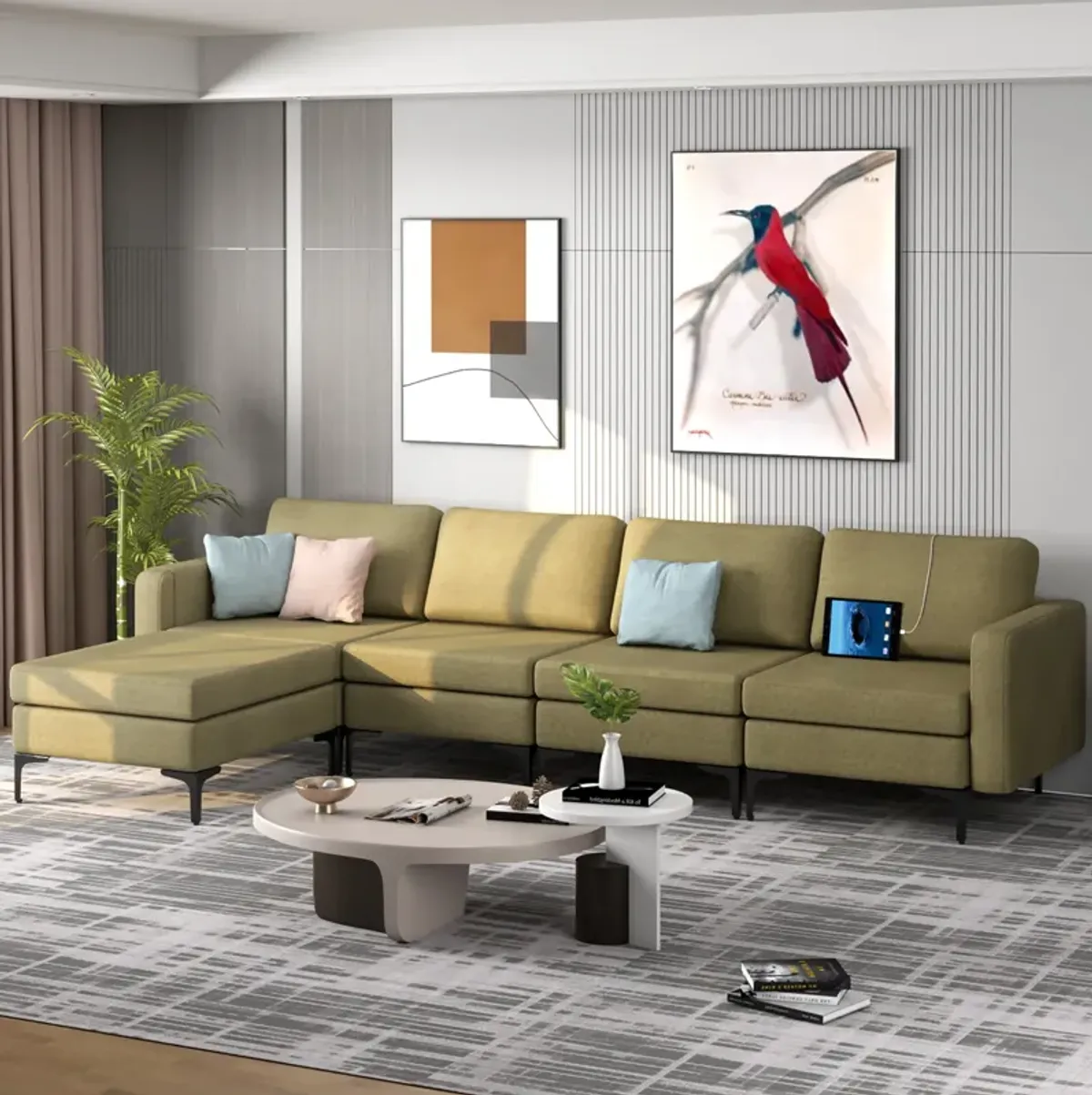 Costway Modular L-shaped Sectional Sofa w/ Reversible Chaise & 4 USB Ports