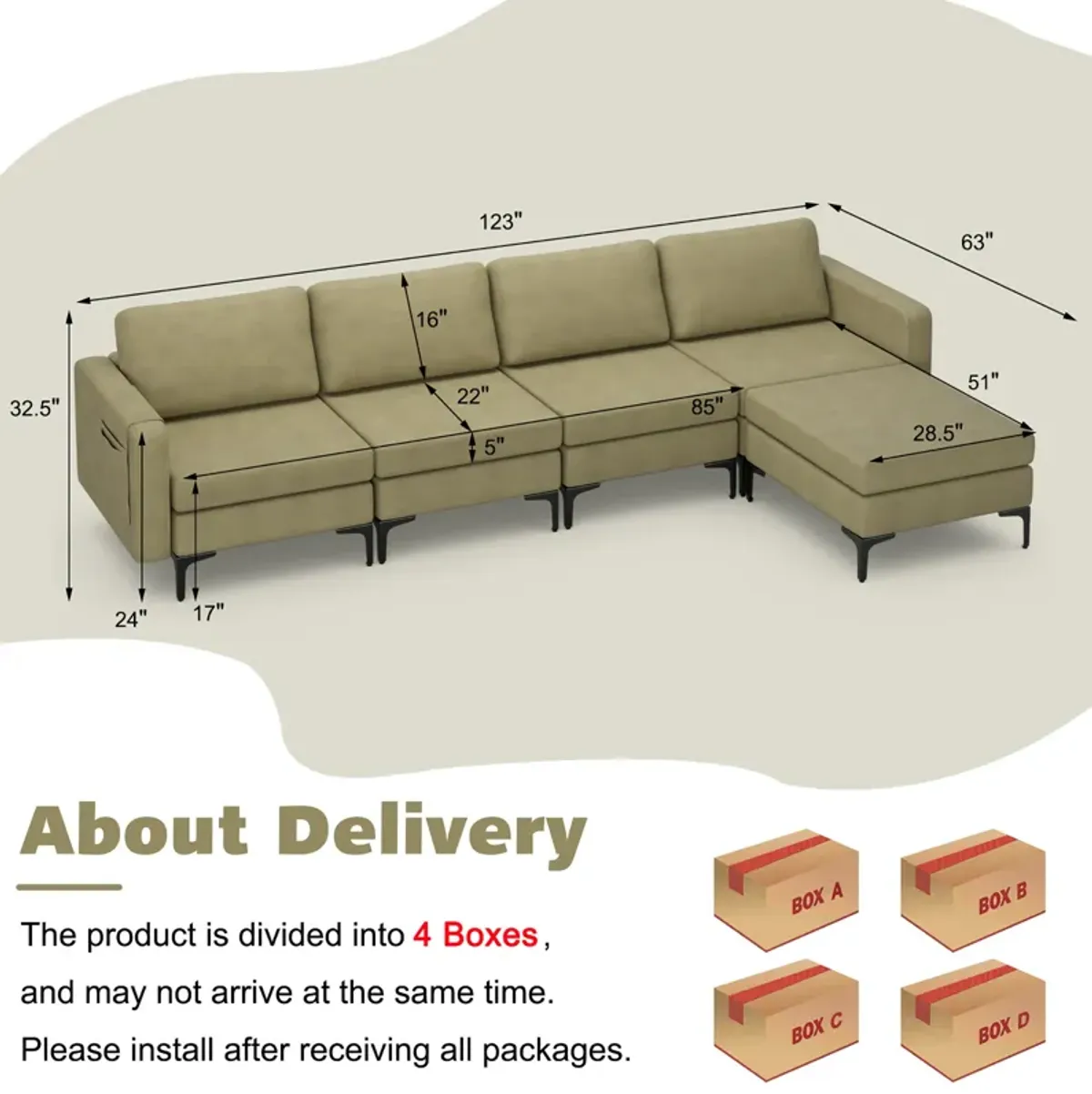 Costway Modular L-shaped Sectional Sofa w/ Reversible Chaise & 4 USB Ports