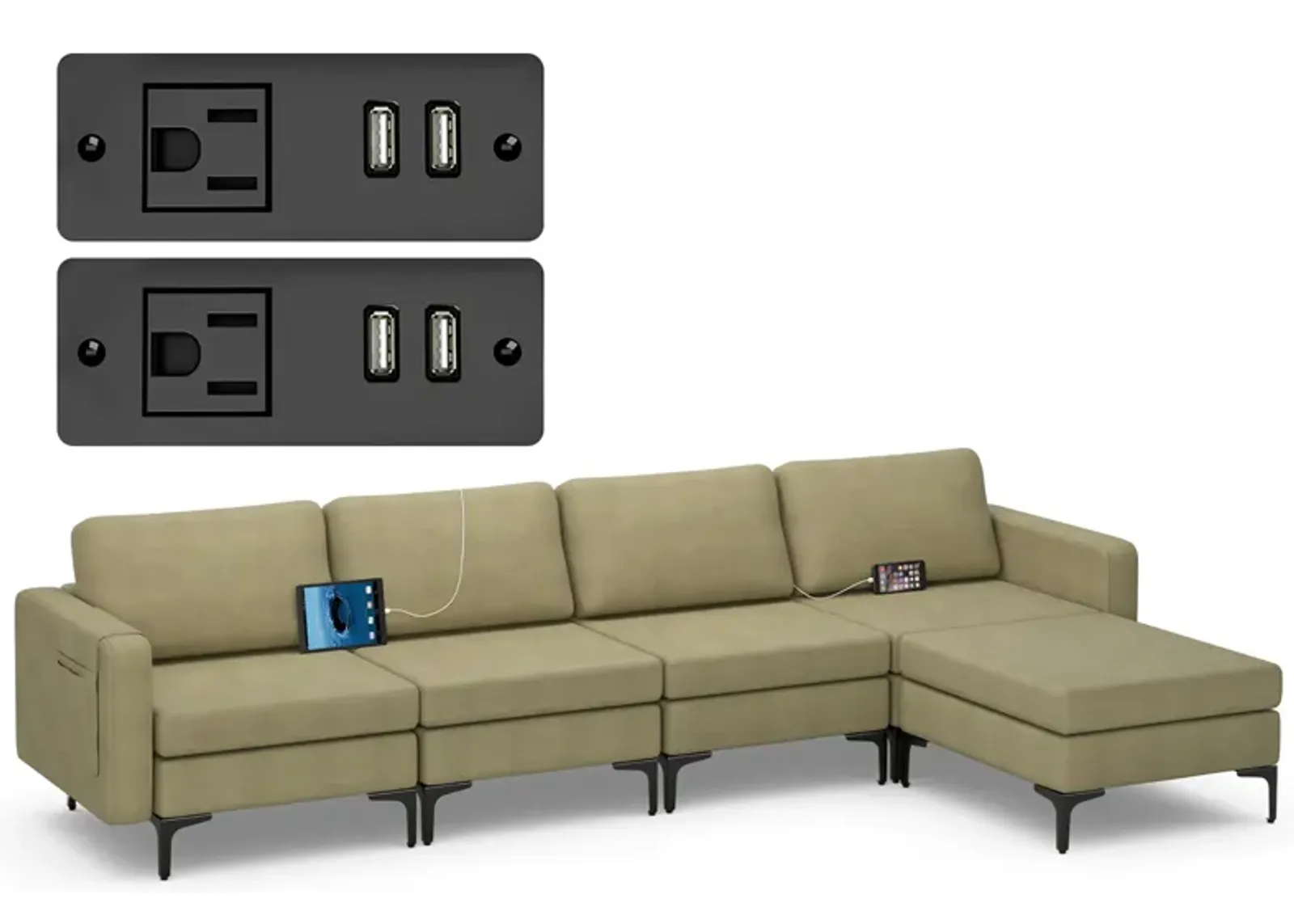 Costway Modular L-shaped Sectional Sofa w/ Reversible Chaise & 4 USB Ports