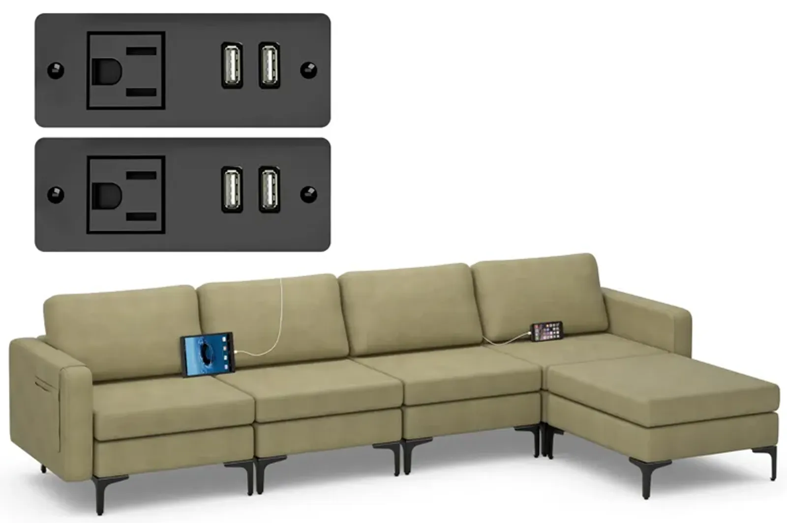 Costway Modular L-shaped Sectional Sofa w/ Reversible Chaise & 4 USB Ports