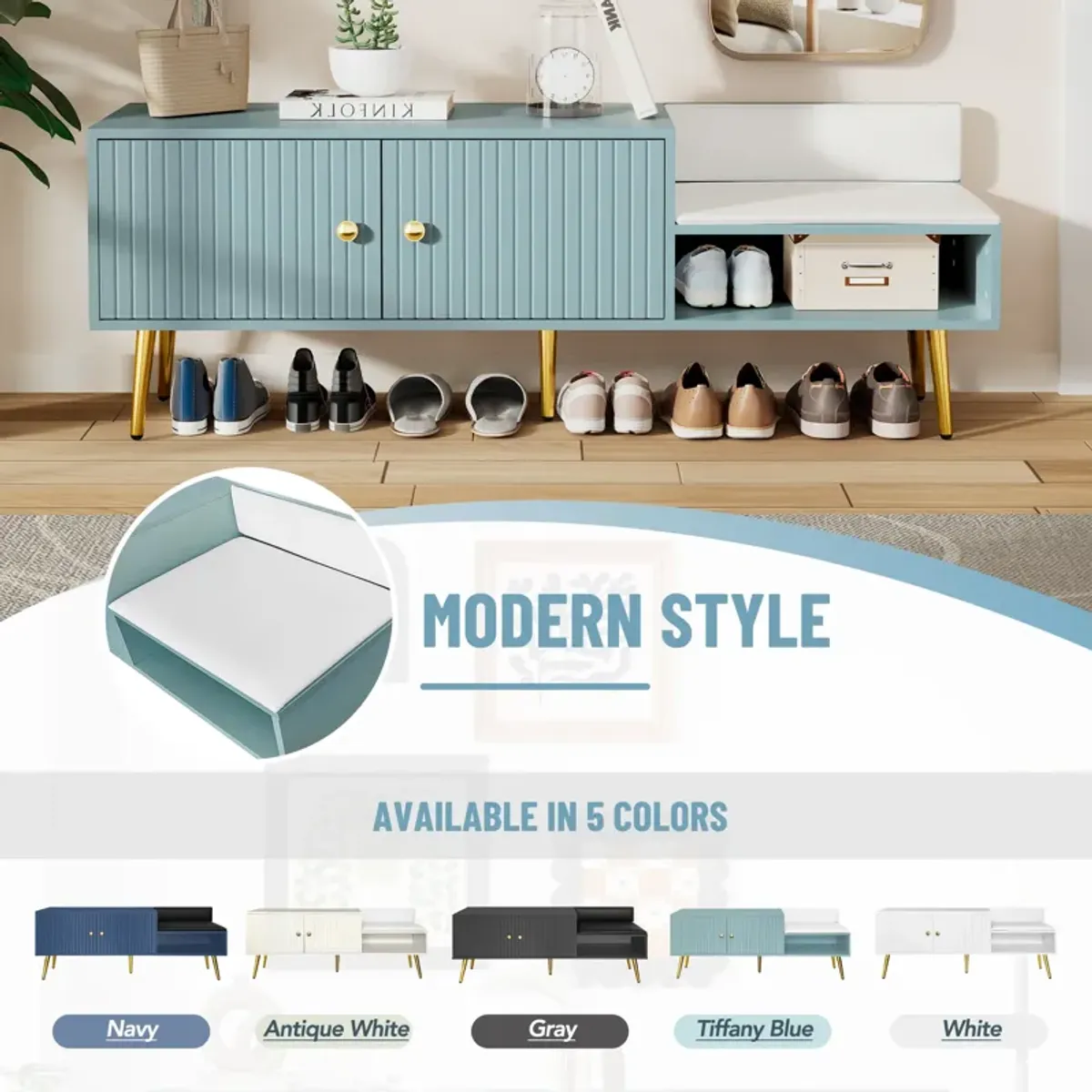 Clihome Modern Shoe Storage Bench with Hidden Storage and Upholstered Cushions for Bedside, Living Room and Entryway (Light Blue)
