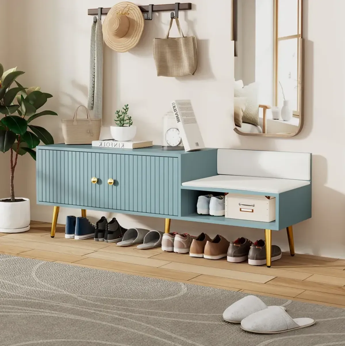 Clihome Modern Shoe Storage Bench with Hidden Storage and Upholstered Cushions for Bedside, Living Room and Entryway (Light Blue)