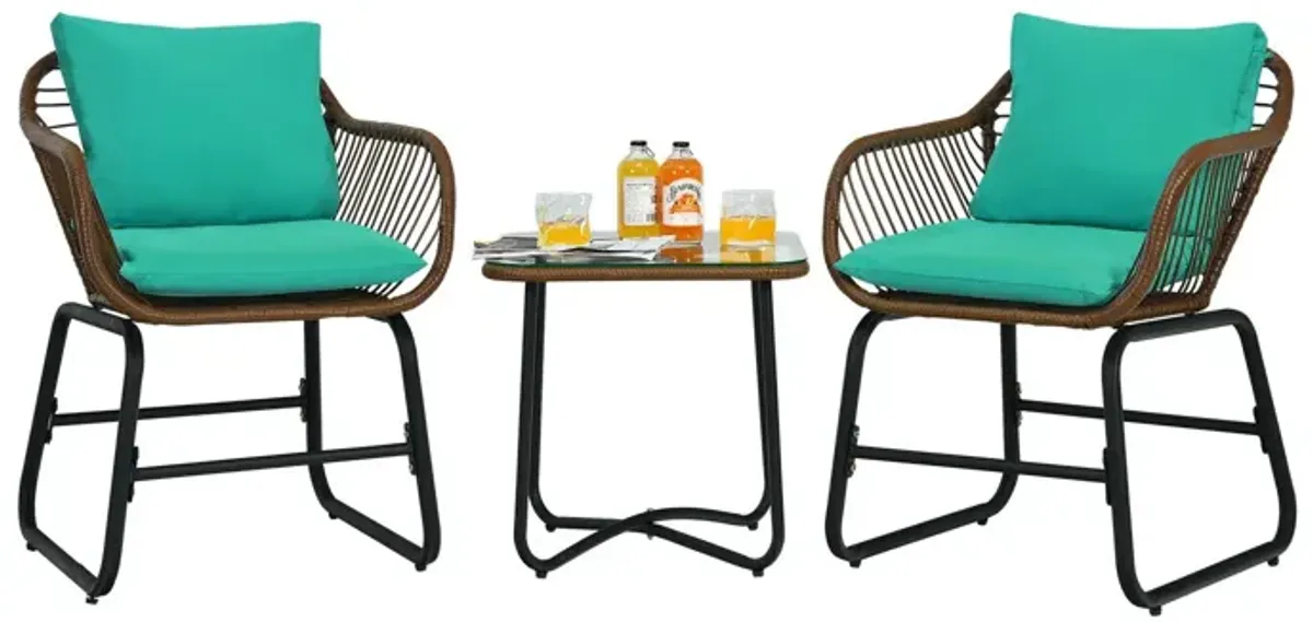 3 Pieces Patio Rattan Bistro Set with Cushions and Glass Table