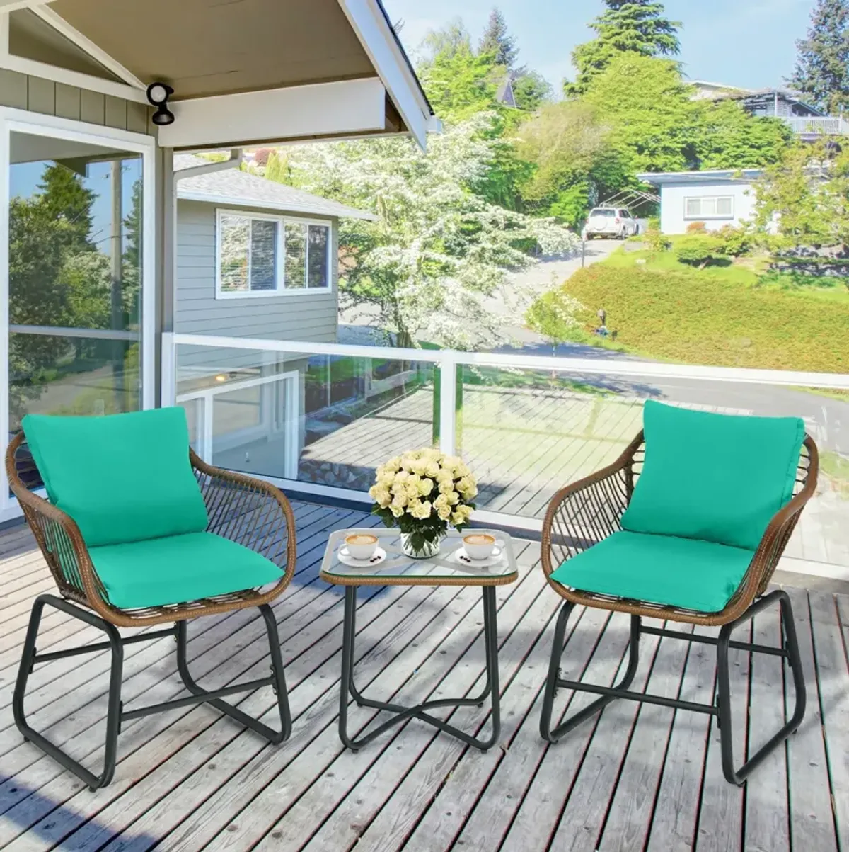 3 Pieces Patio Rattan Bistro Set with Cushions and Glass Table