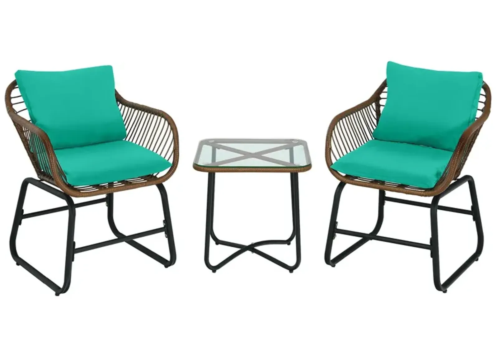 3 Pieces Patio Rattan Bistro Set with Cushions and Glass Table