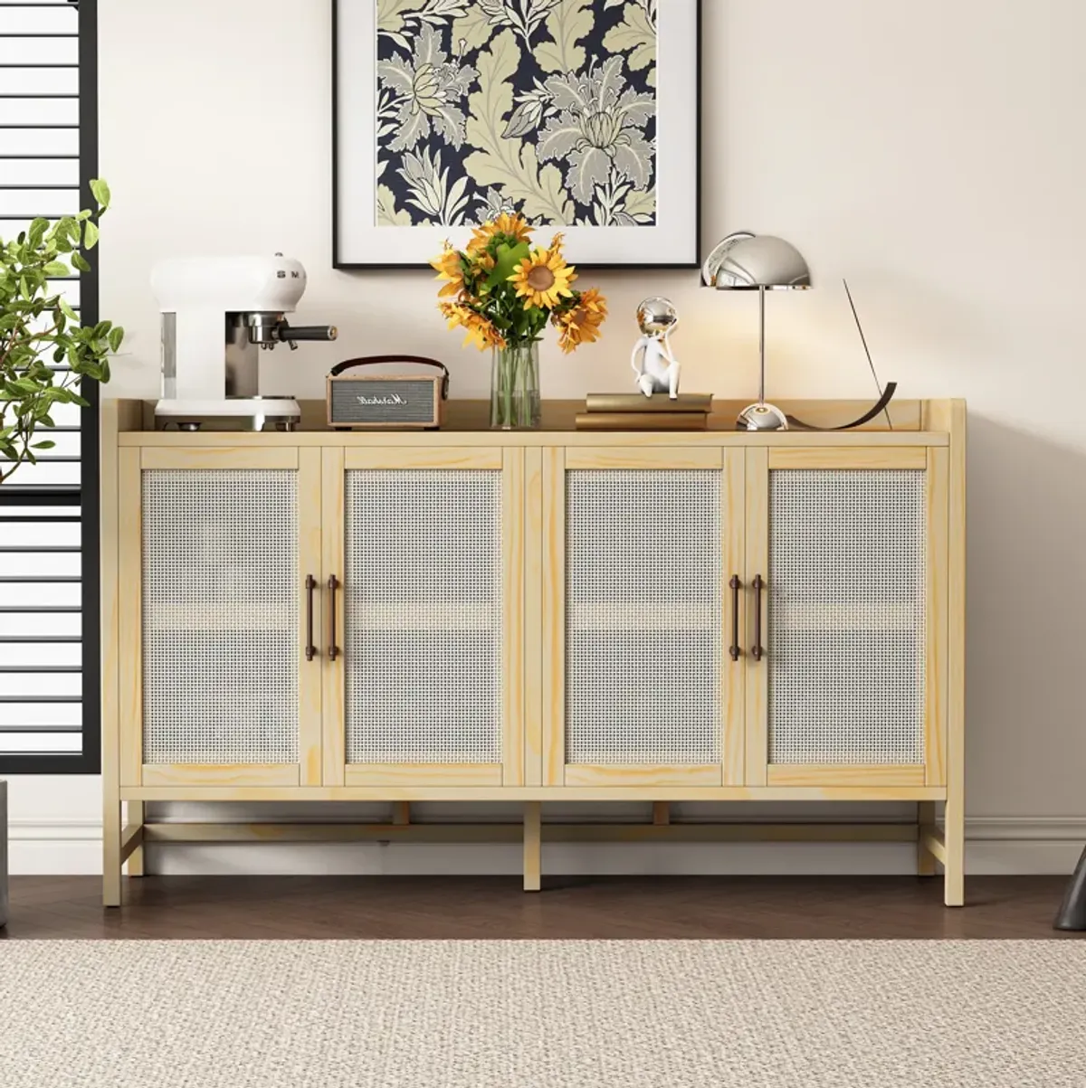 Merax Rustic Sideboard with Decorative Rattan Doors