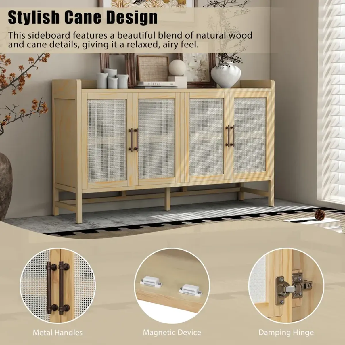 Merax Rustic Sideboard with Decorative Rattan Doors