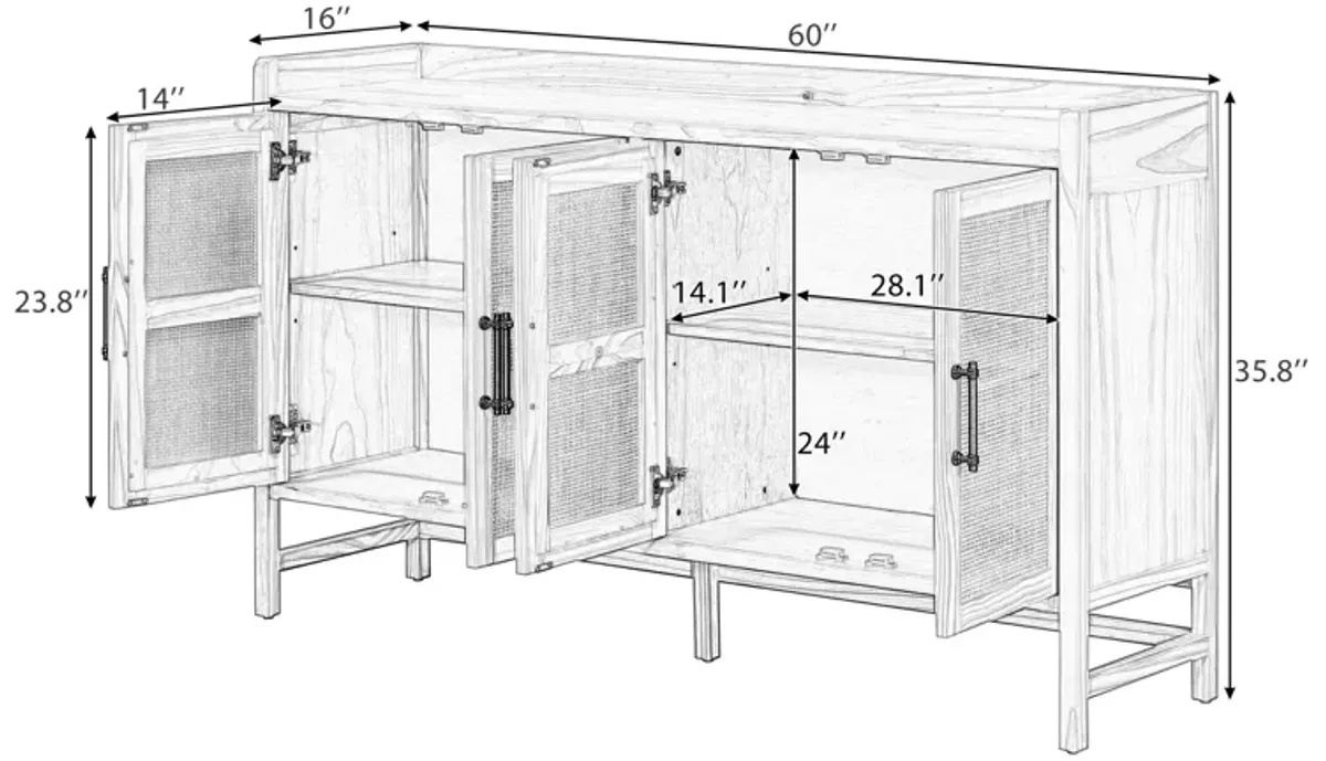 Merax Rustic Sideboard with Decorative Rattan Doors