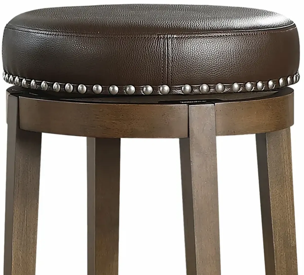 Bara 31 Inch Swivel Barstool, Brown Round Faux Leather Seat, Set of 2 - Benzara