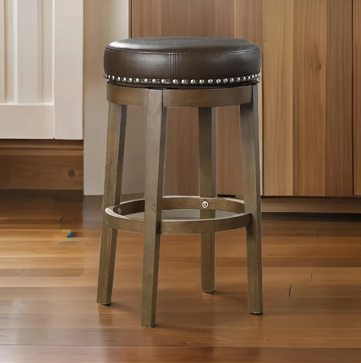 Bara 31 Inch Swivel Barstool, Brown Round Faux Leather Seat, Set of 2 - Benzara