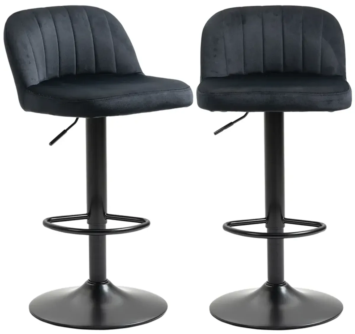 HOMCOM Adjustable Bar Stools Set of 2, Velvet Counter Height Barstool, Upholstered Kitchen Stool with Swivel Seat, Steel Frame, Footrest for Kitchen Counter and Dining Room, ‎Black