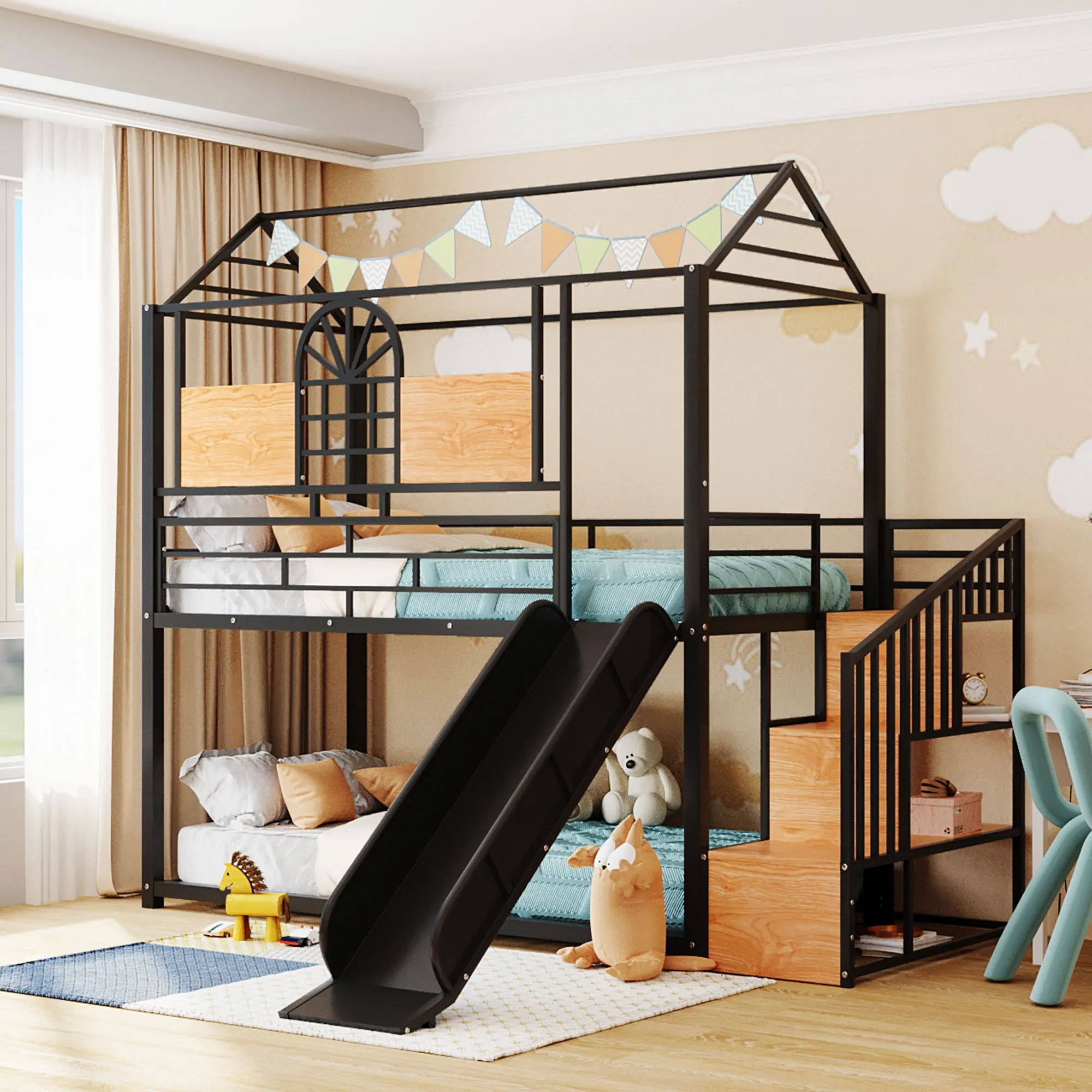 Merax Metal House Bunk Bed with Slide and Storage Stair