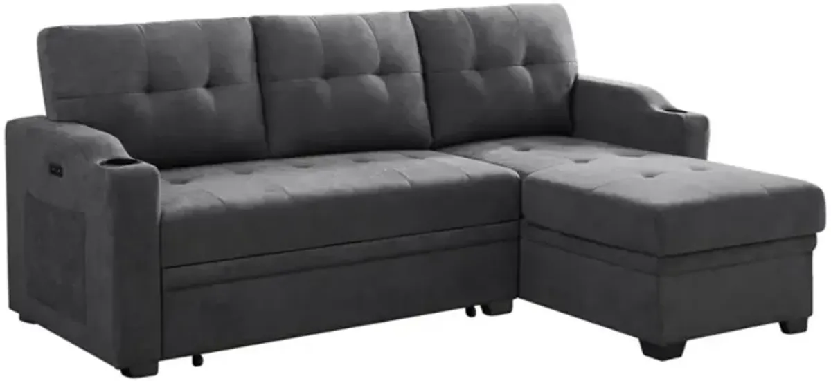 Mabel Dark Gray Woven Fabric Sleeper Sectional With Cup Holder, USB Charging Port And Pocket