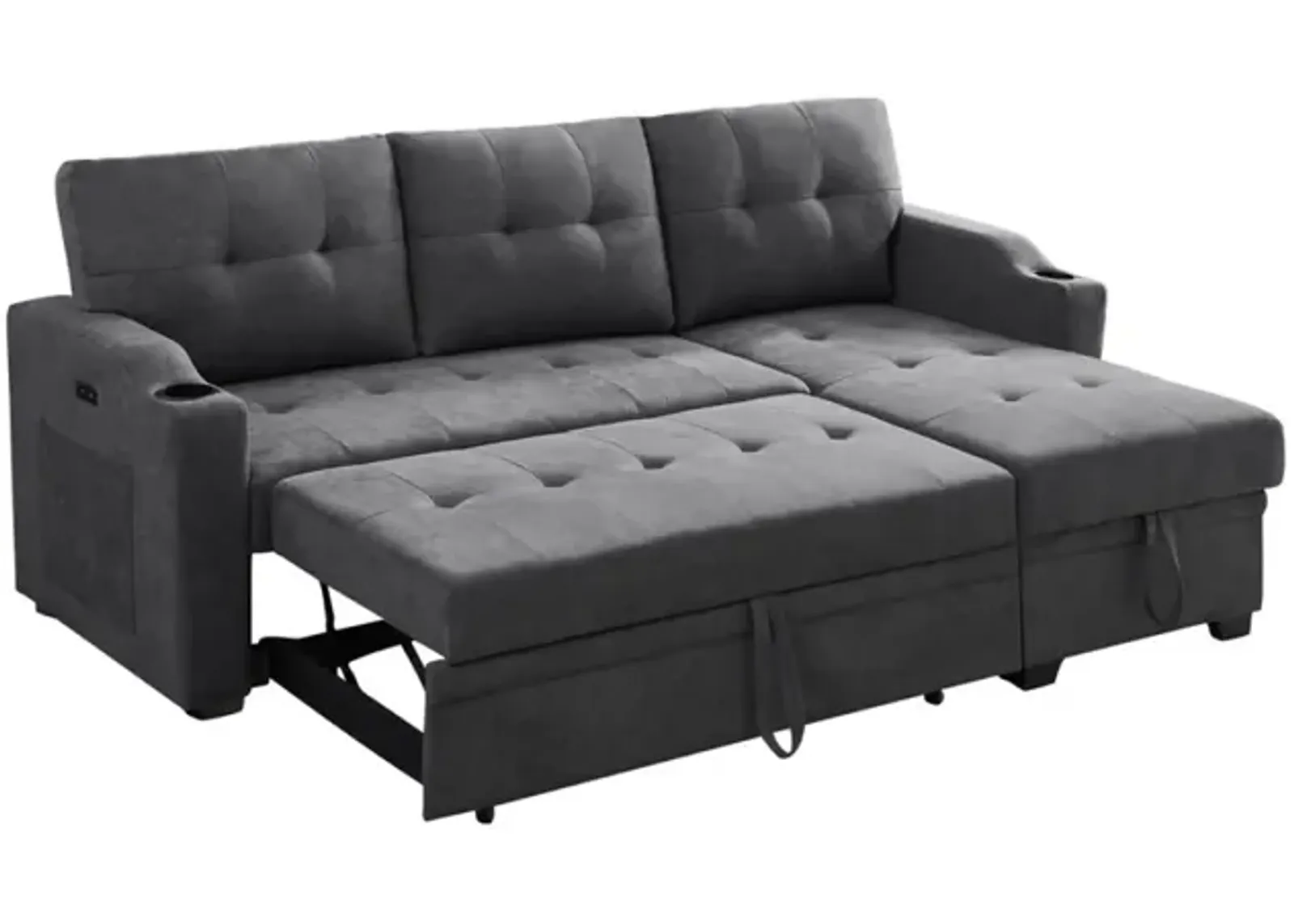 Mabel Dark Gray Woven Fabric Sleeper Sectional With Cup Holder, USB Charging Port And Pocket