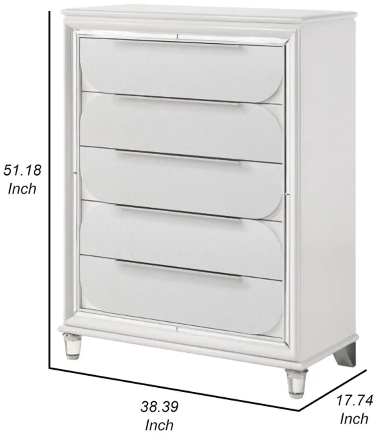 Benjara RARA 51 Inch Tall Dresser Chest, 5 Drawer, Mirror Trim, Acrylic, White and Silver