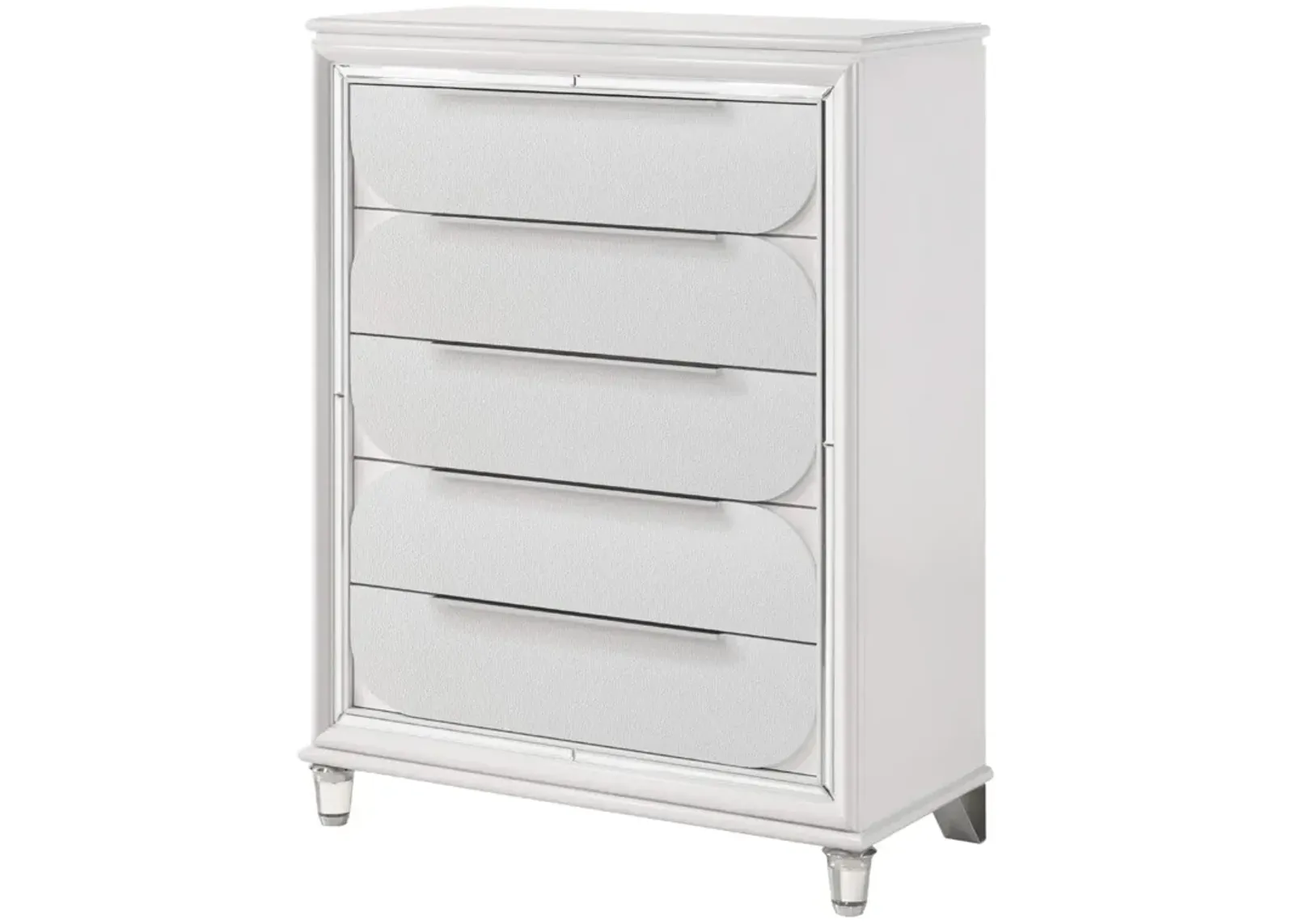 Benjara RARA 51 Inch Tall Dresser Chest, 5 Drawer, Mirror Trim, Acrylic, White and Silver